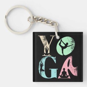 Retro Yoga Typography with Silhouettes of Poses  Key Ring