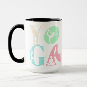 Retro Yoga Typography with Silhouettes of Poses  Mug