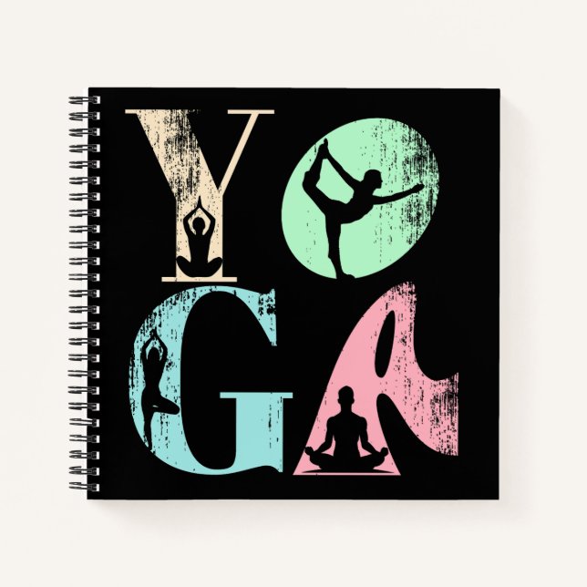 Retro Yoga Typography with Silhouettes of Poses  Notebook (Front)