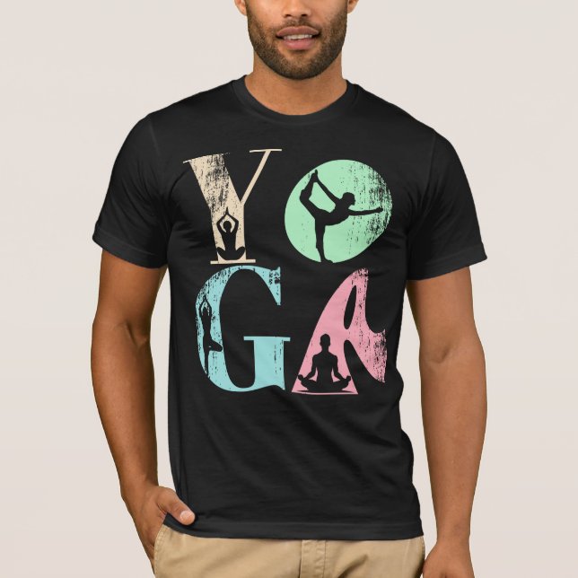 Retro Yoga Typography with Silhouettes of Poses  T-Shirt (Front)
