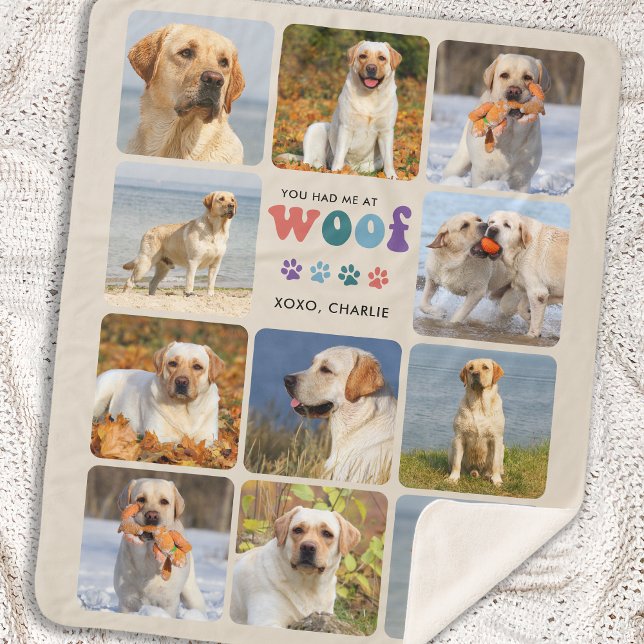 Retro You Had Me WOOF Custom 11 Photo Collage Dog Sherpa Blanket (Creator Uploaded)