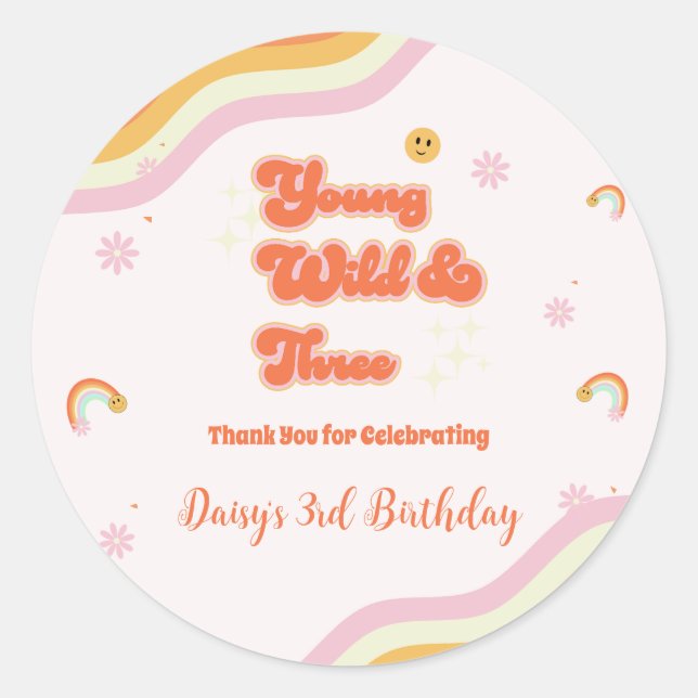 Retro Young Wild and Three Birthday Classic Round Sticker (Front)