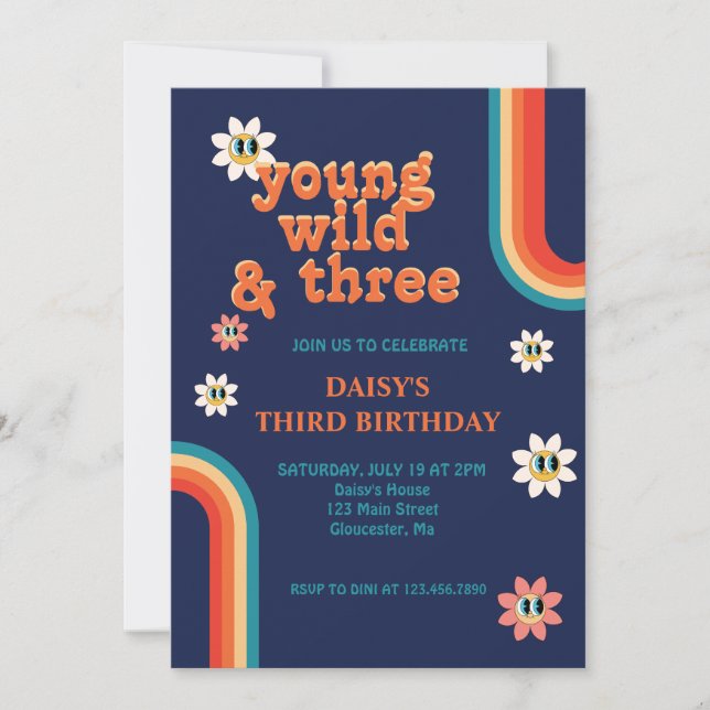 Retro Young Wild and Three Birthday Invitation (Front)