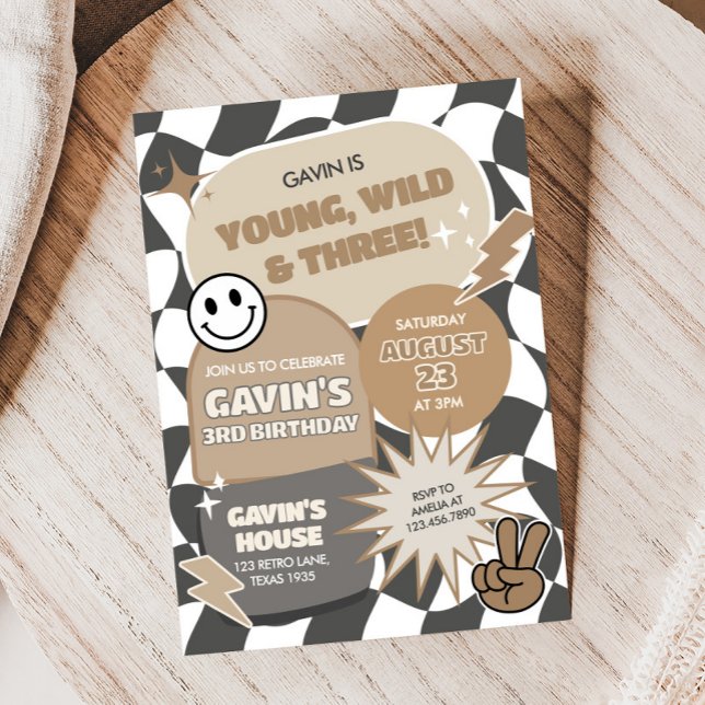 Retro Young Wild and Three Birthday Party Invitation (Retro Groovy Young Wild and Three Birthday Party Invitation)