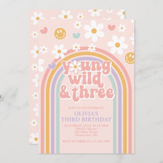 Retro Young Wild and Three Rainbow 3rd Birthday Invitation (Front/Back)