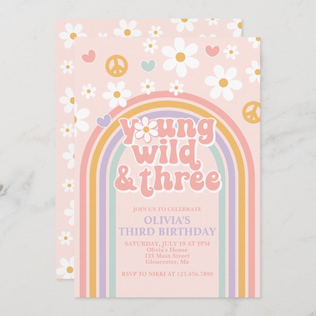 Retro Young Wild and Three Rainbow 3rd Birthday Invitation (Front/Back)