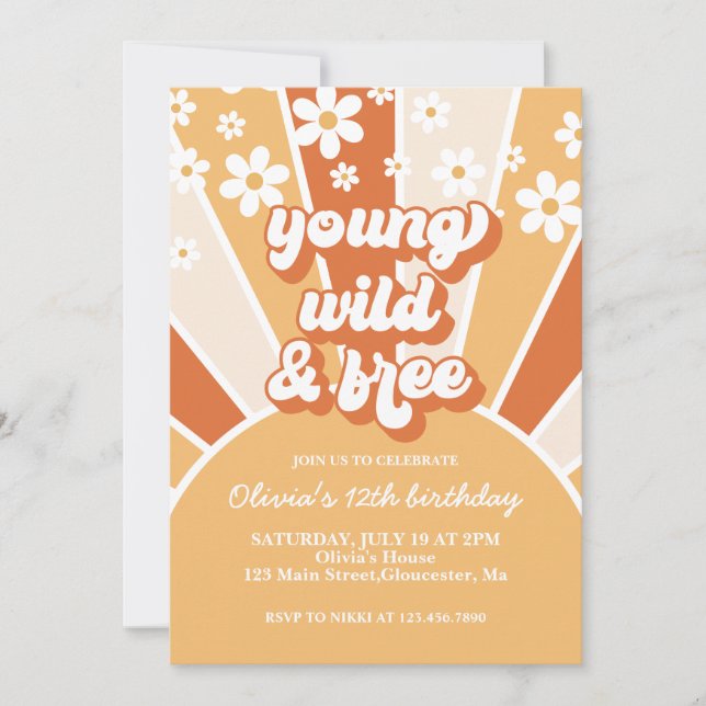 Retro Young Wild Free Burnt Orange Sunshine daisy Invitation (Front)