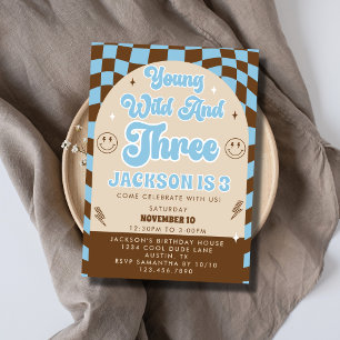 Retro Young Wild & Three Boy 3rd Birthday Party Invitation