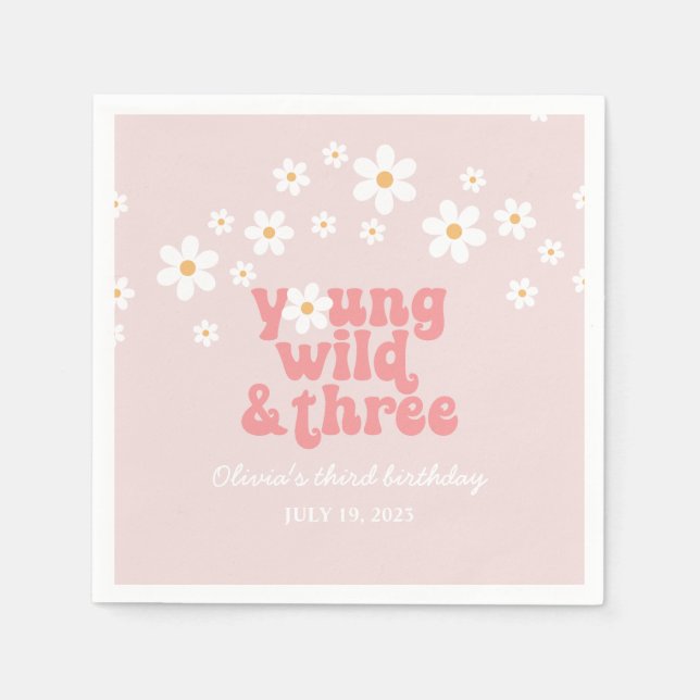 Retro Young Wild three Daisy floral 3rd birthday Napkin (Front)