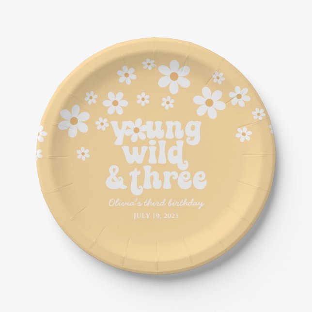 Retro Young Wild three Daisy floral 3rd birthday P Paper Plate (Front)