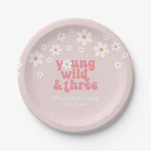 Retro Young Wild three Daisy floral 3rd birthday Paper Plate