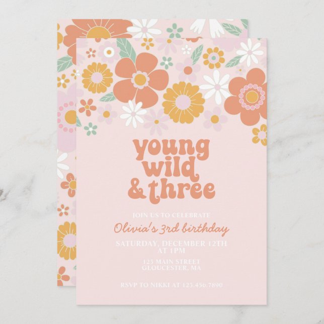Retro Young Wild Three Floral 3rd birthday Invitation (Front/Back)