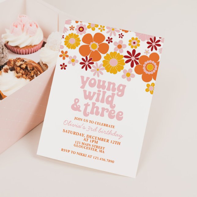 Retro Young Wild Three Floral 3rd Birthday Invitation (Creator Uploaded)