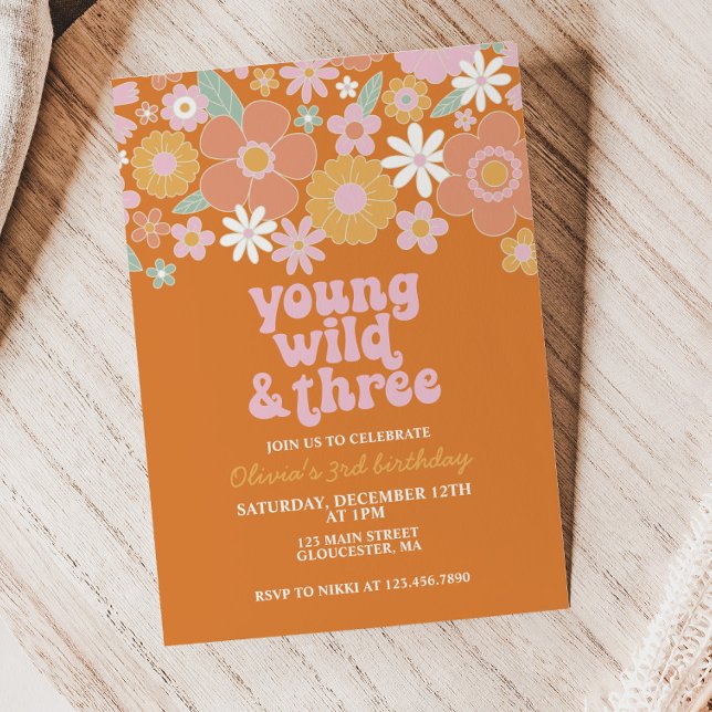 Retro Young Wild Three Floral first birthday Invit Invitation (Creator Uploaded)