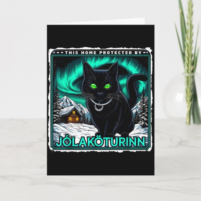 Retro Yule Cat Icelandic This Home Protected Jólak Card (Front)
