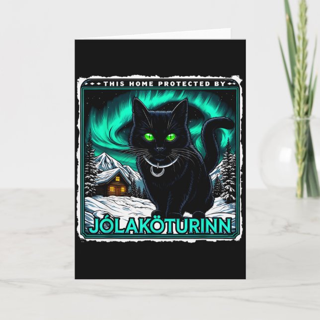 Retro Yule Cat Icelandic This Home Protected Jólak Card (Front)