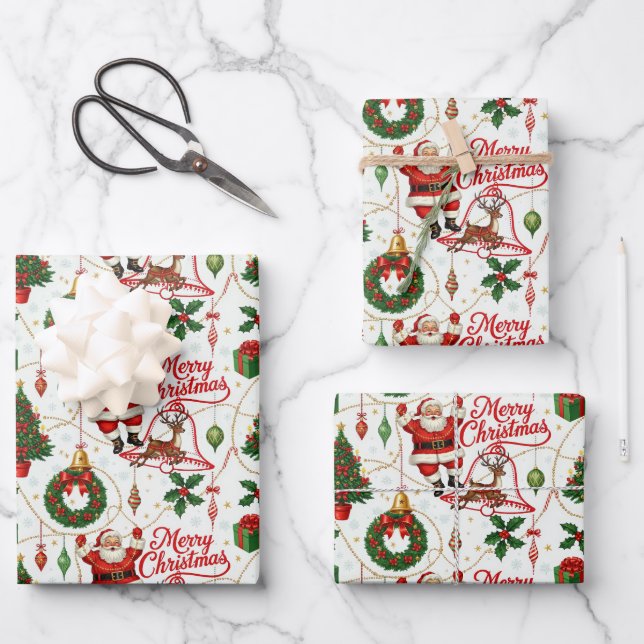 Retro Yuletide Cheer: Merry & Bright Holiday Wrapping Paper Sheet (Front)