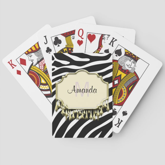 Retro Zebra Skin With Gold Bling Playing Cards (Back)