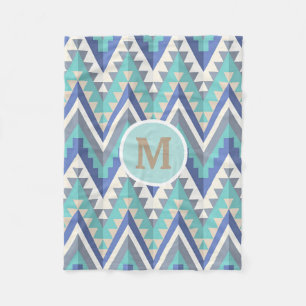 Retro Zigzag Chevron Teal Blue Grey Taupe White Fleece Blanket