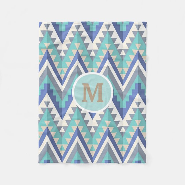 Retro Zigzag Chevron Teal Blue Grey Taupe White Fleece Blanket (Front)