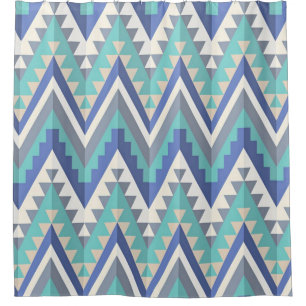 Retro Zigzag Chevron Teal Blue Grey Taupe White Shower Curtain
