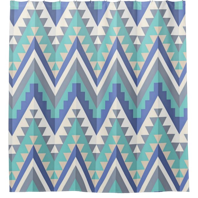 Retro Zigzag Chevron Teal Blue Grey Taupe White Shower Curtain (Front)