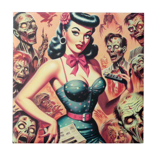 Retro Zombies Pin-up Ceramic Tile (Front)