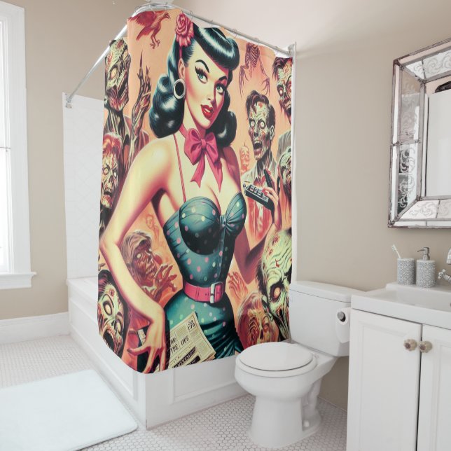 Retro Zombies Pin-up Shower Curtain (In Situ)