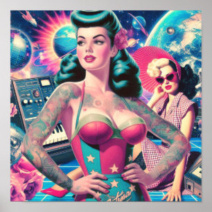 Retrofuturism Space Pin-up Collage Poster