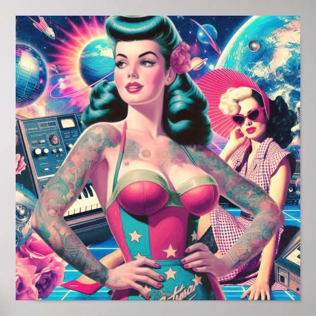 Retrofuturism Space Pin-up Collage Poster (Front)