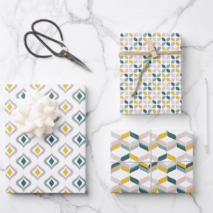 RetroMod Patterns Aqua Teal Blue Blush Pink Yellow Wrapping Paper Sheet
