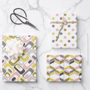 RetroMod Patterns Mustard Yellow Pink Grey Taupe  Wrapping Paper Sheet