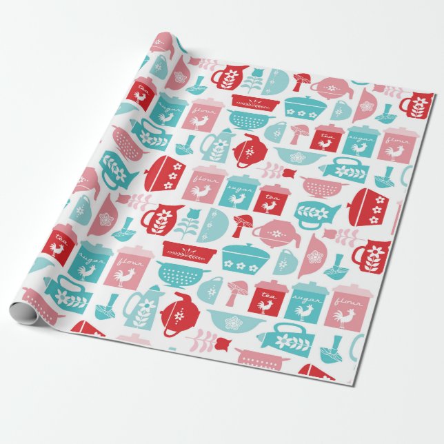 RetroRed and Blue Kitchen Pattern Wrapping Paper (Unrolled)