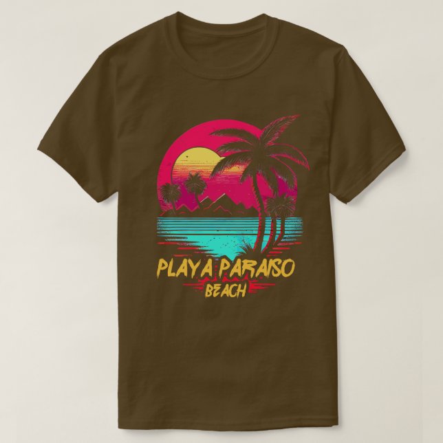 Retrowave Beach Playa Paraiso Beach T-Shirt (Design Front)