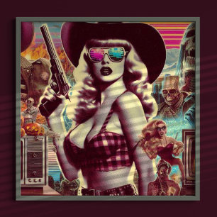 Retrowave Cowgirl Collage Poster