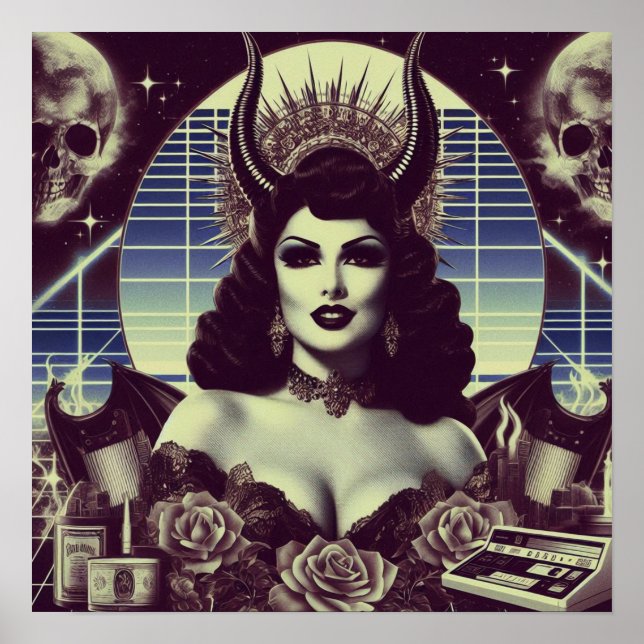 Retrowave Devilish Woman Poster (Front)