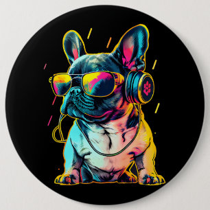 Retrowave French Bulldog with Headphones and Sungl 6 Cm Round Badge