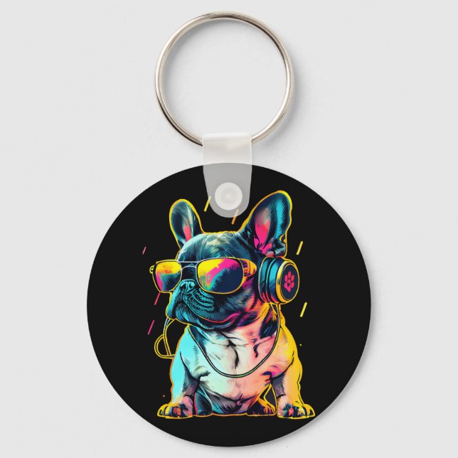 Retrowave French Bulldog with Headphones and Sungl Key Ring (Front)