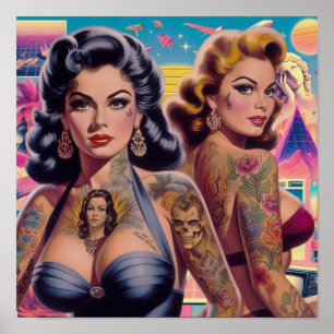 Retrowave Tattoo Pin-ups Poster