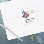 Return Address Blue Red Snowman Family Square Sticker<br><div class="desc">Smiling snowman family dressed in sweaters and hats, a wrapped gift and Merry Christmas greeting decorate these cute square return address stickers. Save money with twenty 1.5" or six 3" square stickers for address and return address labels. Best value... minimum purchase is only one sheet. Easily change the text using...</div>