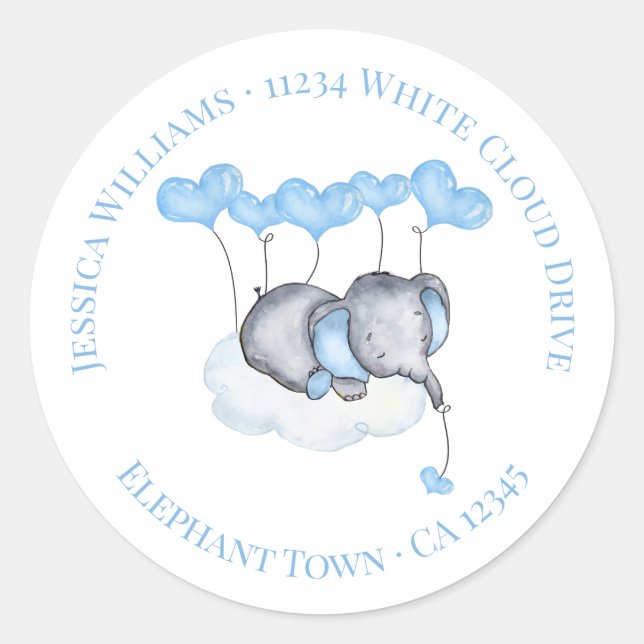 Return Address - Boy Baby Elephant on White Cloud Classic Round Sticker (Front)
