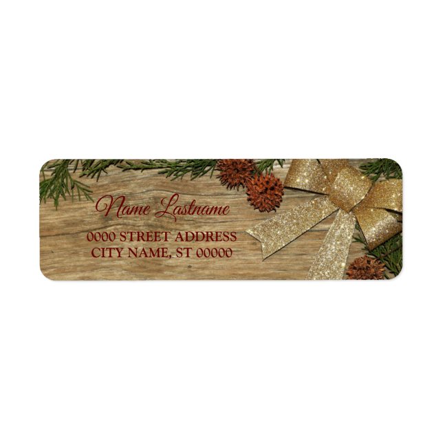 Return Address Christmas Gold Green Leaves Wooden Label (Front)