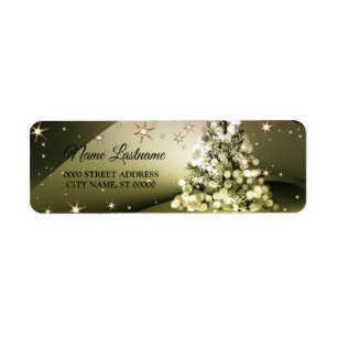 Return Address Christmas Golden Tree Shiny Stars Label