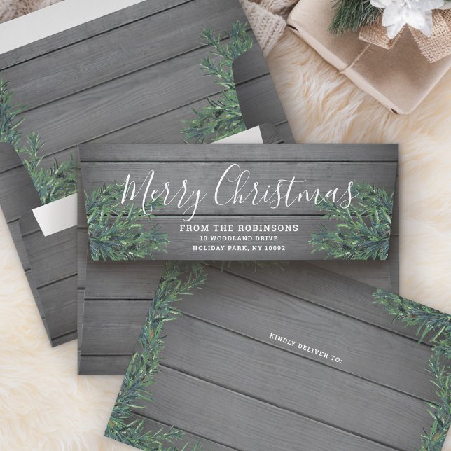 Return Address Christmas Greenery and Grey Wood Envelope (Creator Uploaded)