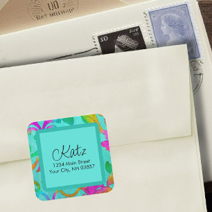 Return Address Colourful Damask Aqua Square Sticker