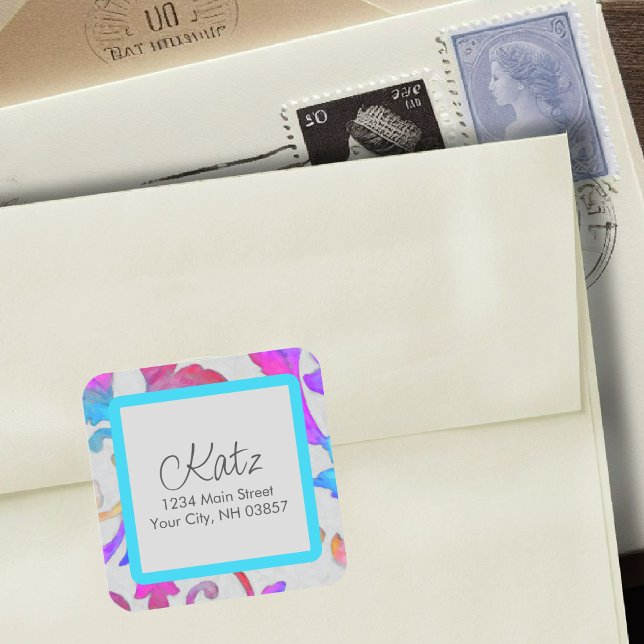 Return Address Colourful Damask Pink Turquoise Square Sticker (Creator Uploaded)