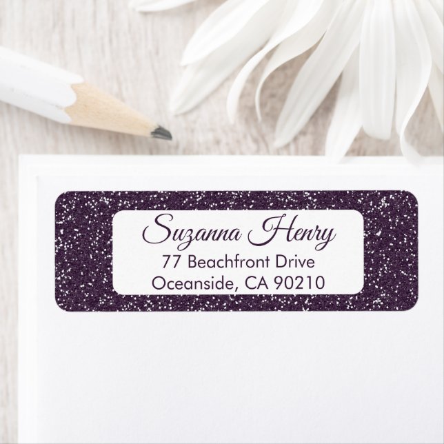 Return address _elegant handwriting purple glitter label (Insitu)