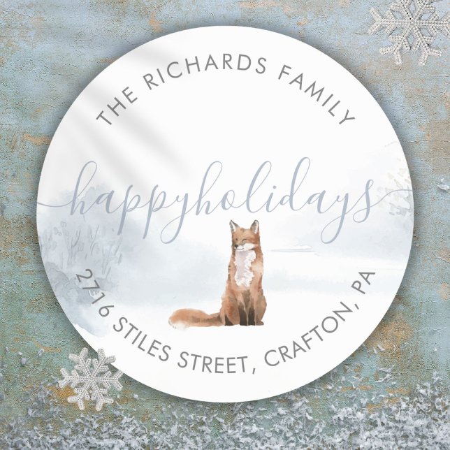 Return Address Happy Holidays Winter Fox Classic Round Sticker (Return Address Happy Holidays Winter Fox Classic Round Sticker)