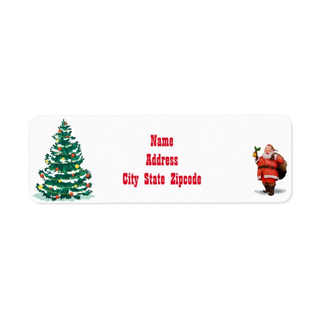 Return Address Label (A festive holiday label featuring a decorated Christmas tree on the left and a cheerful Santa Claus )
