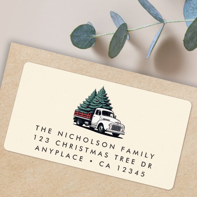 Return Address Label | Christmas Tree Truck Cream (Retro vintage Christmas tree delivery truck address labels for Holiday card mail & festive parcels)